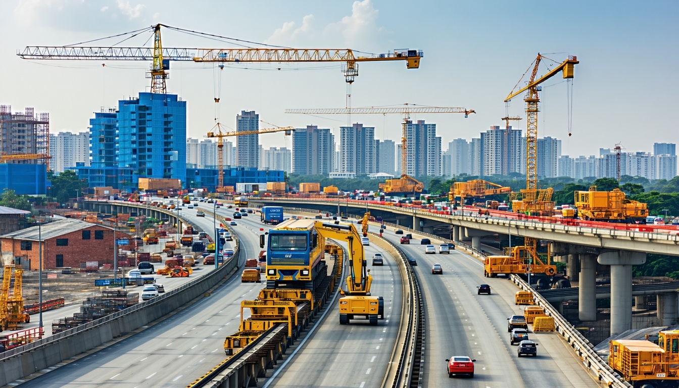 Create a realistic image showcasing largescale infrastructure projects in the US The image should emphasize the scale complexity and diversity of construction activities associated with major projects like highways bridges and urban transit systems-1