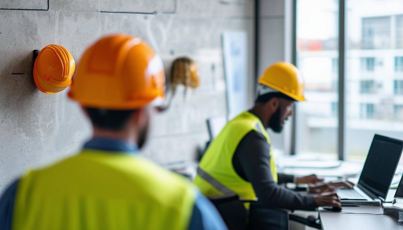 construction office with 2 hard hats hanging on the wall, two individuals with safety vest seen working on laptops and their back facing the camera-1-1