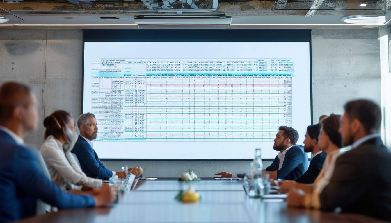 construction proposal in conference room, show people facing a large screen with a gantt schedule on the screen-4